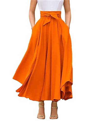 Été et Automne Jupe Maxi Taille Haute pour Femmes Rétro Mode Jupe Longue à Volants de Couleur Unie à Nœud Papillon Élégant (Orange, M)