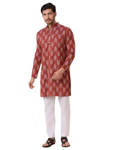 Image of Studio Shringaar Men's Cotton Blend Relaxed Fit Ikat Printed Knee Length Kurta