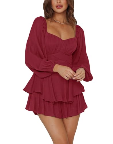 Image of LYANER Women's Jumpsuit Lantern Long Sleeve Ruffle Layer Tie Mini Short Romper