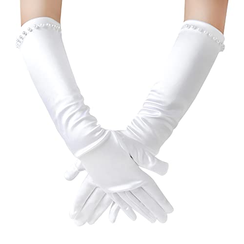 TINAYAUE Guantes de satén para niñas, guantes largos de princesa, guantes de boda, guantes de perlas, accesorios de ropa para bodas, carnaval, fiestas temáticas, Blanco, L
