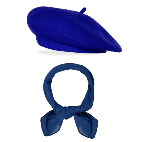 mifengda 2pc Classic Beret Hats for Women French Beret Hats Costume Accessories Blue Painter Artist Costume Cap with Scarf for Women Men(Blue) by mifengda - Used condition - US$7.19