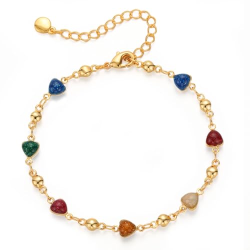 Vinabilia Pulsera de Cadena de Corazón para Mujer Chica, Pulsera de Corazón de Colores Chapada en Oro de 18K para Mujer, Pulsera Brazalete para Uso Diario Fiestas Citas, Multicolores