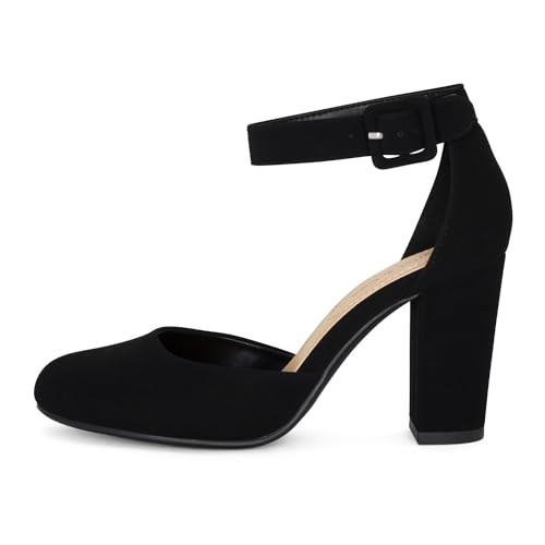 Chariot & Co Posh Women's Ankle Strap Block Heel Dress Shoes – Closed Toe Vegan Leather in Black PU and NBPU3