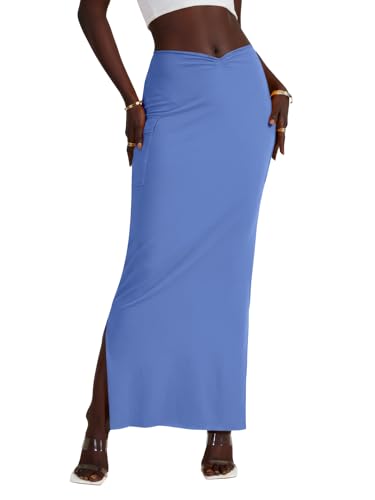 LYANER Women's High Waist Ruched Split Solid Pencil Long Maxi Skirt with Flap Pockets3
