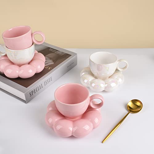 Koythin Ceramic Coffee Mug With Saucer Set, Creative Cute Cup With Sunflower Coaster For Office And Home, Dishwasher And Microwave Safe, 6.5 Oz/200 Ml For Tea Latte Milk (Peach Pink) #TOP6