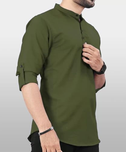 Image of DEEMOON Men's Regular Fit Solid Sprad Collar Casual Shirt with a Trendy Mandarin Collar Crafted from a Premium Cotton Blend
