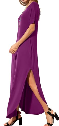 Image of GRECERELLE Women's Summer Maxi Dress Casual Loose V Neck Short Sleeve Side Split Long Dresses with Functional Pockets
