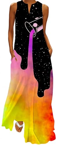 Ocean Plus Damen Muster Maxikleid V-Ausschnitt Kleid mit Stecktaschen und Weitem Rock