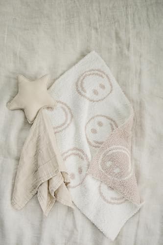 Image of Mebie Baby Taupe Smiley Plush Lovey Blanket 15x20 - Soft, Lightweight, Breathable | Available in Two Sizes