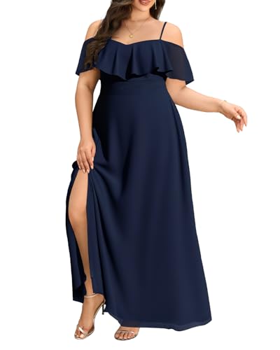 Women Plus Size Formal Dresses Navy Blue Bridesmaid Prom Off Shoulder Chiffon Wedding Guest Side Slit Aline Long Dress