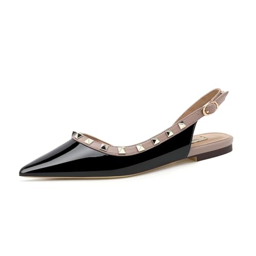 Helenbra Women's Rivet Pointed Toe Closed Toe Flats Sandals,Sexy Studded Adjustable Buckle Slingback Shoes Comfort Slip On Walking Travel Office Ballet Flat Shoes