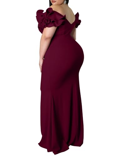 Image of Ekaliy Women's Plus Size Maxi Dress Elegant V-Neck Ruffle Sleeves Bodycon Mermaid Evening Gown