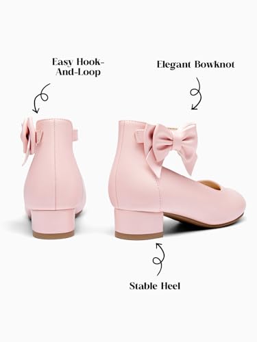 Image of Coutgo Girls Dress Shoes Flower Girl Bow Chunky Heels Closed Toe Ankle Strap Pumps Wedding Party Princess Shoes