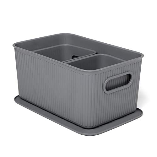 Tatay Cestas Almacenaje Plastico Baobab | Set de 3 Cajas Organizadoras con Tapa | Asas Integradas | Diseño Compacto y Versátil | Plástico Libre de BPA | 18,7x27,8x13,3 cm, Gris