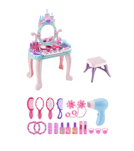 SENKAR おもちゃドレッサー プリンセス 城デザイン 鏡付き化粧台 スツール付 メイクアップセット コスメ ままごと ごっこ遊び 女の子向け 子供 キッズ知育玩具 収納付き 誕生日プレゼント 44×29×74cm (44*29*74cm(スツール23*
