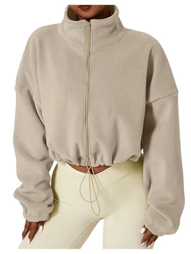 GORGLITTER Women's Zip Up Oversized Cropped Sweatshirt Fleece Long Sleeve Zipper Workout Sweatshirt 20254