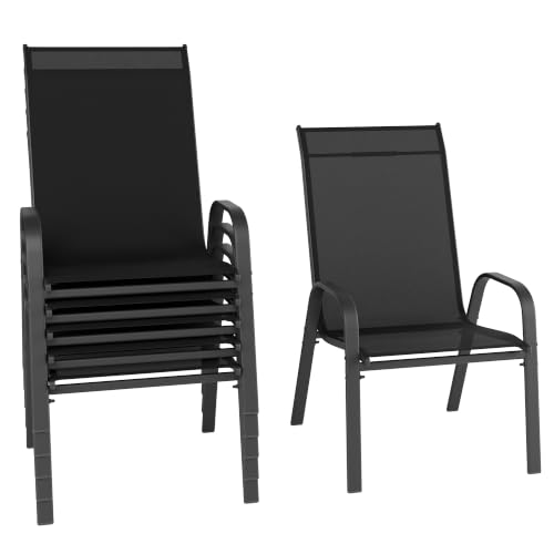 Image of Betterhood Patio Chairs Set of 6, Stackable Outdoor Dining Chairs Set with Breathable Seat Fabric, All-Weather Powder-Coated Metal Frame for Pool Side, Backyard, 350LBS Capacity (Black, Set of 6)