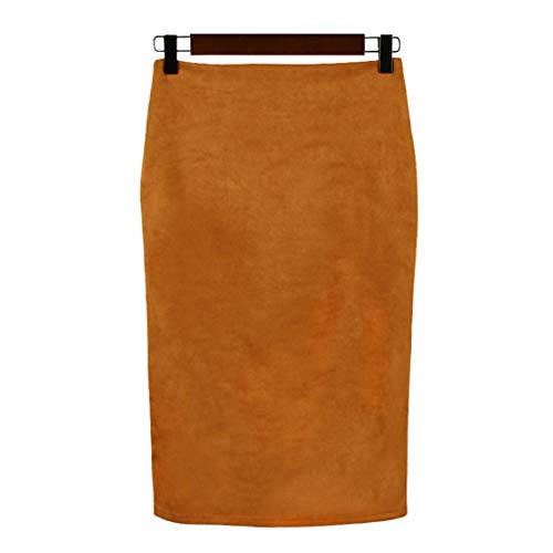 CHARTOU Womens Lightweight Elastic-Waist Faux Suede Leather Side Split Hip Packaged Skirt (Brown, Medium)