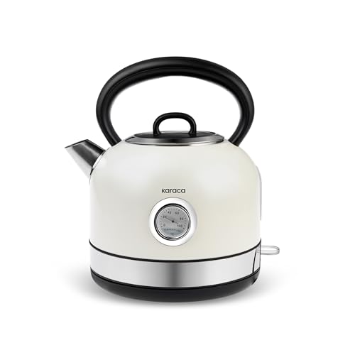 Karaca Retro 2202 Electric Kettle, 1.7L, Cream, Fast Boiling, Stainless Steel, Vintage Tea Kettle with Temperature Gauge, Auto Shut-Off, 2200W, 360° Rotating Base