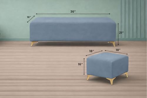 Image of Adorn India Premium Luster 8 Seater L Shape Sofa Set with 2 Puffy & 1 Center Table | Velvet Suede Fabric | 3-Year Warranty | LHS | Grey with Golden Legs & Striped Pattern Cushion