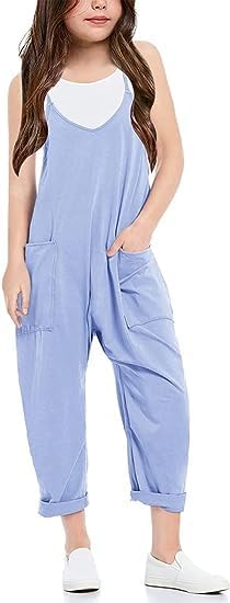 Girls Casual Jumpsuits Spaghetti Strap Sleeveless Loose Romper Long Pants with Pockets Kids Clothes - Image 2