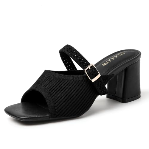 Image of Tilocow Knit Heeled Sandals for Women Square Open Toe Heeled Mules Chunky Block Low Heel Slip On Slides