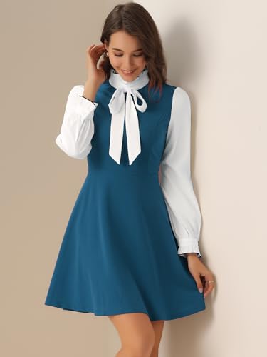 Image of Allegra K Tie Neck Dresses for Women's 1960s Vintage Long Sleeve Contrast Color Dress