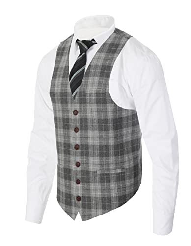 Gioberti Men's 6 Button Formal Tweed Vest, Gray Plaid , Large #TOP9