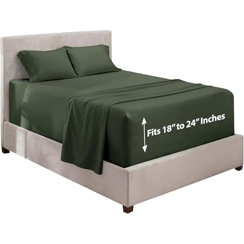 Image of Hearth & Harbor Extra Deep Pocket California King Sheet Set, Olive Green | 4 Piece Bed Sheet Set, Ultra Soft & Breathable, Fits Up to 24 inch Mattress, Hotel Luxury