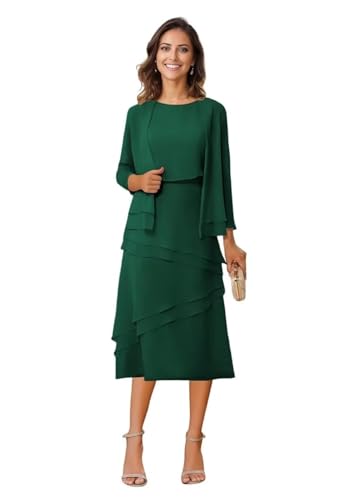 Chiffon Mother of The Bride Dresses 2 Pieces Tiered Tea Length Formal Evening Dress with Jacket JH012