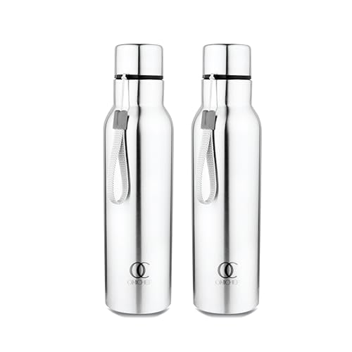 Image of Omichef Stainless Steel Sports Water Bottle, 750 ml Water Bottles, Single Walled, Leak-Proof, Rust-free, Easy Grip, Easy to Carry, Travel Bottle, Silver (Pack Of 2)