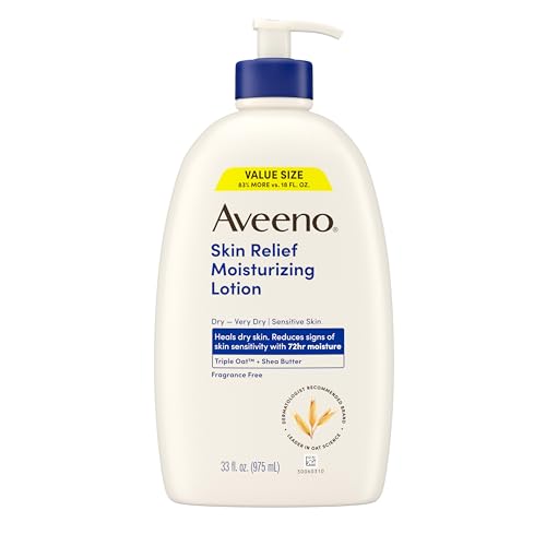 Aveeno Skin Relief Moisturizing Lotion Heals Very Dry, Sensitive Skin, Fast-Absorbing Body Lotion with Triple Oat & Shea Butter, Fragrance Free, Non-Comedogenic, Value Size, 33 fl. oz