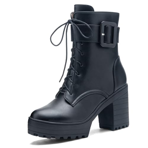 Image of FOREADA Goth Platform Heel Combat Boots Women Pearl Lace Victorian Booties