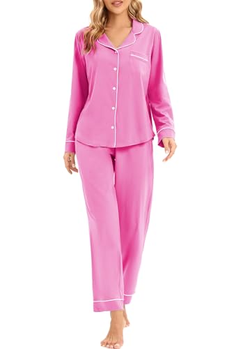 Image of LUBOT 100% Cotton Pajamas for Women Pajama Set Soft 2 Piece Sleepwear PJ Set Long Sleeve Knit Button Cozy Loungewear XS-XXL