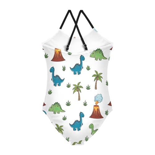 Colorful Cute Dinosaurs White Swimsuits Girls, Summer Beach Swimwear, 3-102