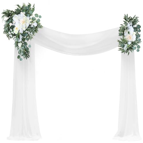 Artificial Wedding Arch Flowers Kit Pack of 4, 2 Pcs Flower Swag, 2 Pcs White Color Draping Fabric, Wedding Ceremony Arbor and Reception Backdrop Decoration, Party Outdoor Decor
