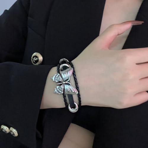 Cuff Bracelet for Women Trendy Pop Punk Grunge Retro Butterfly Faux Leather Rivet Silver Black Chocker Set Adjustable3