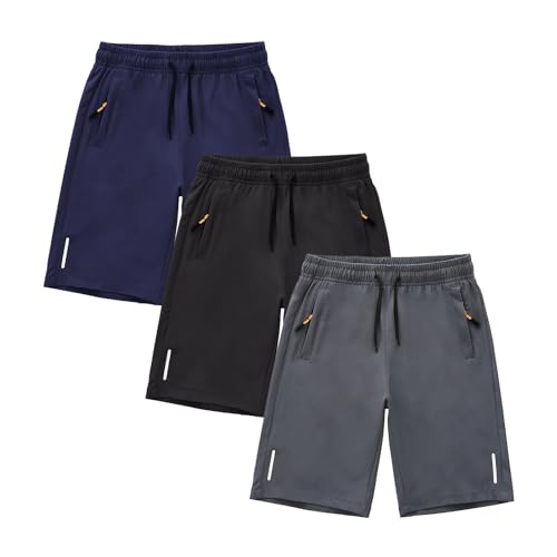 3 Pack Boys Casual Fit Sports Short Quick Dry Athletic Running Shorts with Elastic Waist and Zipper Pockets, Dark Grey/Black/Navy Blue, 5-6years=Tag 120