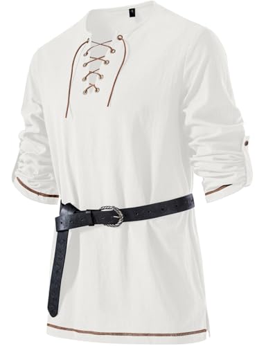 Image of JEMITOP Men's Pure Cotton Vintage Lace Up Shirts for Pirate Renaissance Viking Medieval Costume Without Belt