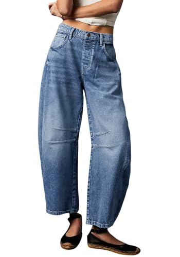 Damen-Jeans, dehnbar, mittelhoch, Barrel, Vintage, lockeres weites Bein, kurze Denim-Hose, Y2k, Baggy-Boyfriend-Jeans, Blau, Groß