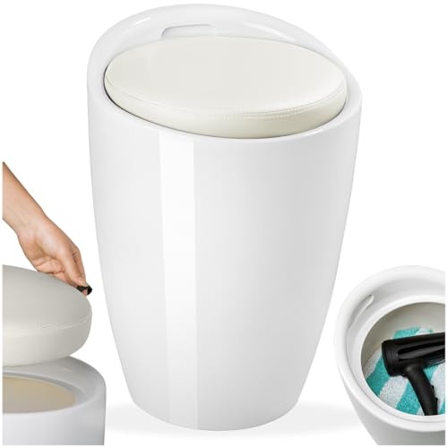 TecTake® Sgabello per Bagno e Contenitore Lavanderia, Plastica ABS, Cuscino Rimovibile in Pelle Sintetica, Capacità 18L, Max 150kg, Ø36x51cm, Ultraleggero - Bianco/Bianco