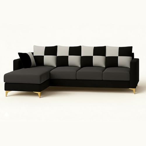 Image of CASASTYLE Brogan 5 Seater Fabric LHS L Shape Sofa Set (Dark Grey-Black) in Premium Velvet Finish | Durable Comfort | Ideal for Living Room