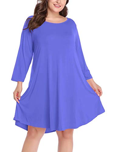 LARACE Women's Casual Loose 3/4 Sleeve Simple Plain Swing Flowy T-Shirt Dresses（2X, Blue