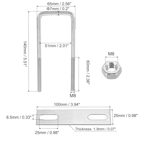 Image of PATIKIL M8x50x140mm Square U-Bolts Kit, 2Set 304 Stainless Steel Square U Shaped Bolts Replacement Parts with Frame Plates and Nuts for Ski Board Sailboat Trailer