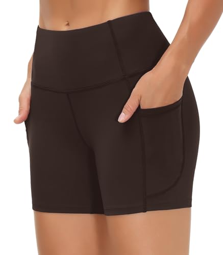 Image of THE GYM PEOPLE High Waist Yoga Shorts for Women's Tummy Control Fitness Athletic Workout Running Shorts with Deep Pockets