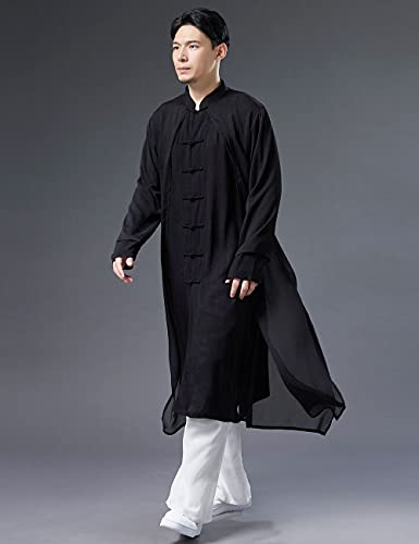 Men's Trench Coat Long Tang Suit Kung Fu Cotton Linen Robe Chinese Style Fake Two Piece Jackets Solid Color4
