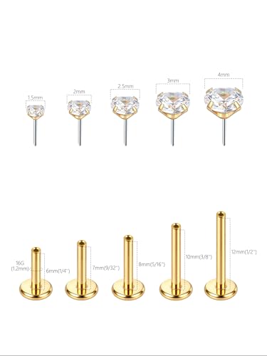 Image of Oveta Threadless Nose Stud Stainless Steel 20G 18G 16G Threadless Flat Back Tragus Earrings Labret Medusa Monroe Ashely Lip Piercing Jewerly Gold