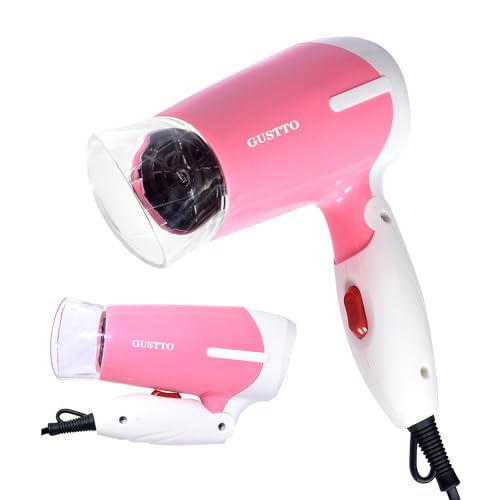 Image of GUSTTO Foldable Hair Dryer 1100W | Compact Travel-Friendly Hair Dryer with Foldable Handle, Hanging Ring, 2 Heat & Speed Settings, Lightweight & Portable (Dazzling Pink), BIS Certified