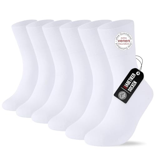 SockWaddles 6 pares de Calcetines diabéticos sin elástico ni costuras, 97% algodón, calcetines sin costuras hombre y mujer con puño cómodo, blanco, talla 39-42