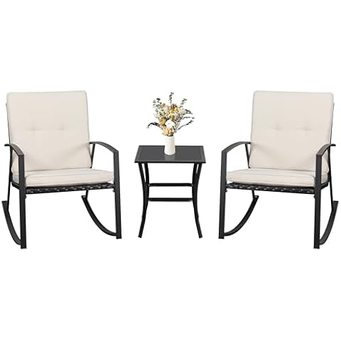 Walsunny 3 Pieces Patio Set Outdoor Wicker Patio Furniture Sets Modern Rocking Bistro Set Rattan Chair Conversation Sets with Coffee Table (Beige) Cover